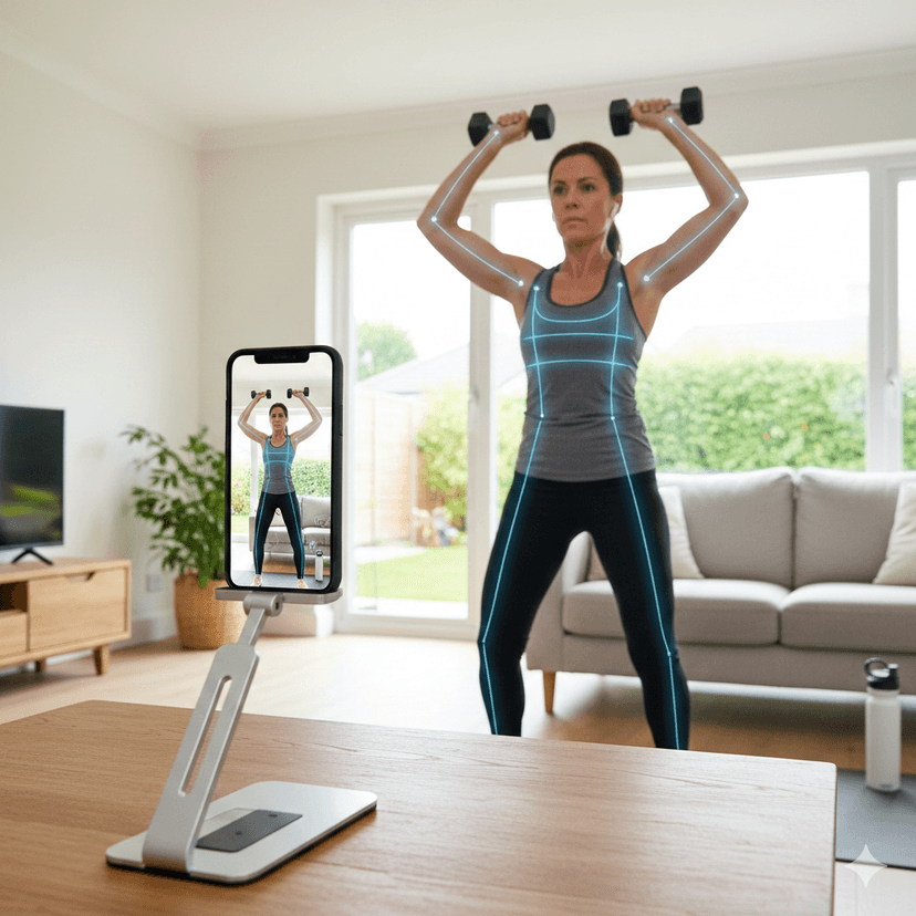 Phone on tripod analysing exercise form with pose detection